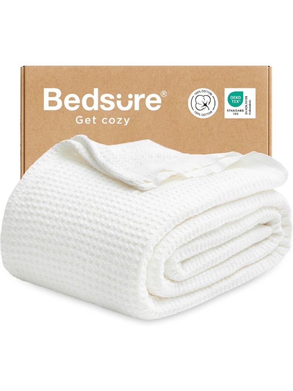 Cozy Full Size 100% Cotton Waffle Weave Blanket, Soft White, 80"x90